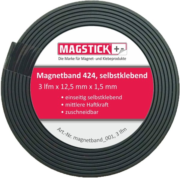Magnetklebeband Permaflex® 424, Länge: 3 Meter, selbstklebendes Magnetband, ideal zum Fixieren auf magnethaftenden Untergründen, mit 12,5mm Breite